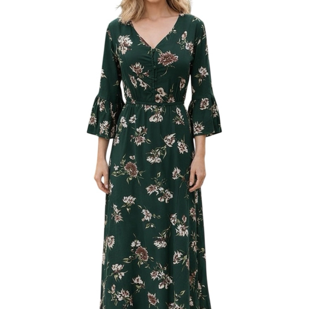 Anama Maxi dress front slit, Boho, Green floral print,  buttons,  Sz S